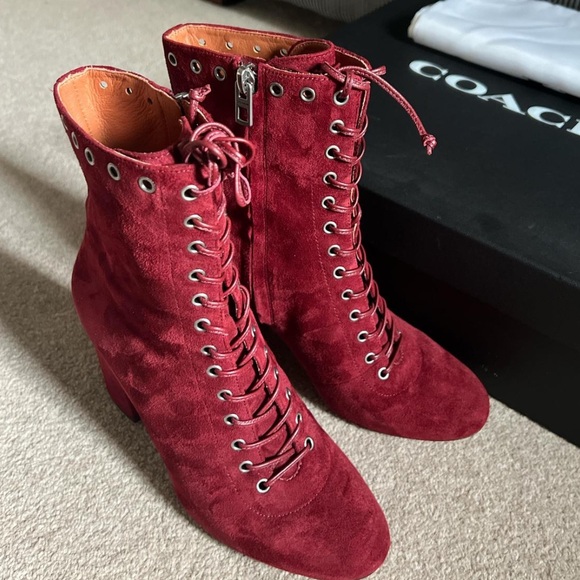 Coach Red Lace-Up Suede Boots - Picture 1 of 4